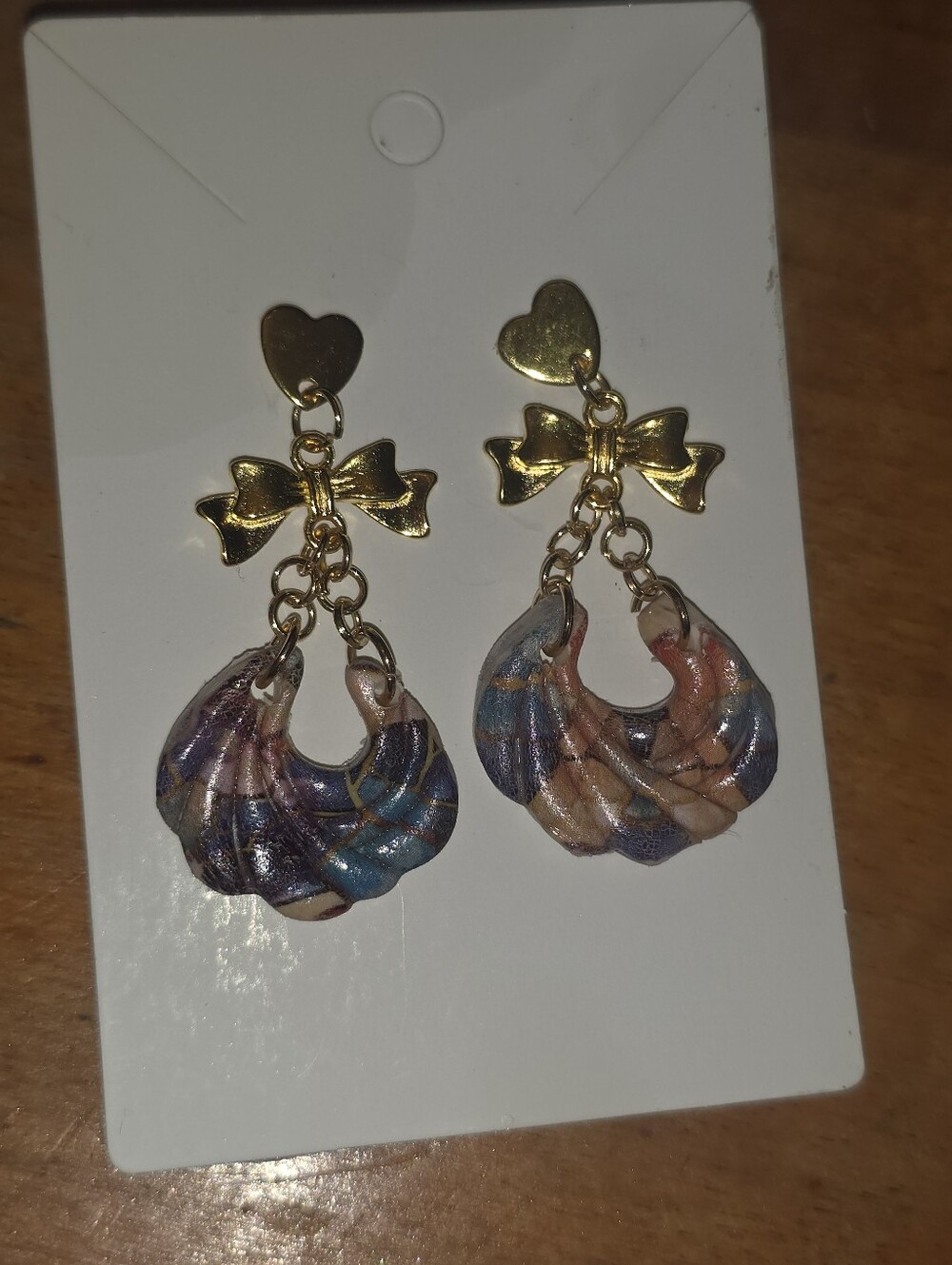 Gold-toned dangle earrings w heart stud post, a bow, + polymer clay Accent Piece
